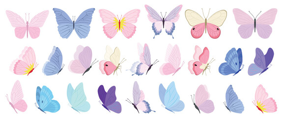Butterfly collection. Colorful illustration. Butterflies clipart set. Baby shower design elements. Party invitation, birthday celebration. Spring, summer decoration. Pink yellow red wings
