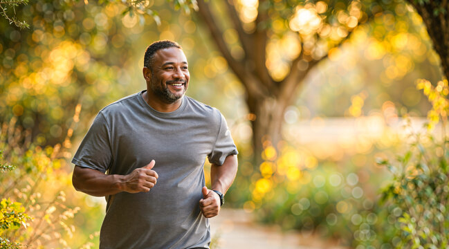 Happy African American man jogging in a sunny outdoor park.