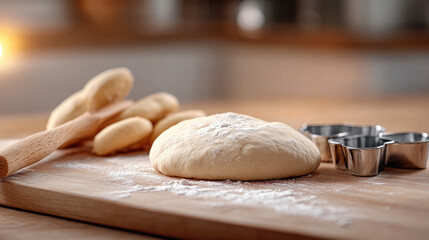 Dough ball resting on a wooden board, ready for rolling and cutting with various star-shaped cookie cutters, preparing sugar cookies for holiday baking and festive celebrations in a home kitchen