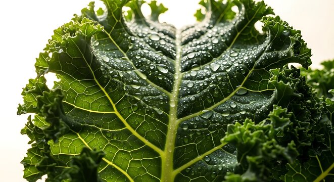 Macro Close up of Fresh Vibrant Green Curly Kale Leaf with Water Droplets