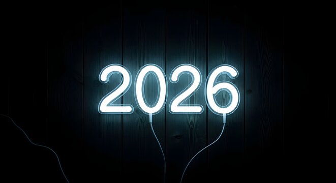 A bright blue neon sign displaying the year 2026 against a dark, textured background.