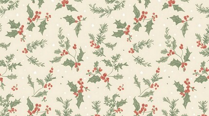 Seamless vector floral pattern illustration with red flowers, green leaves, and stars for a Christmas nature backdrop design