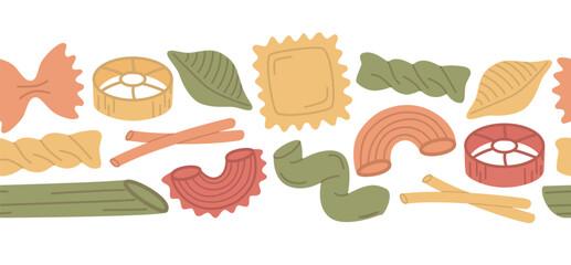 Seamless border with colorful variety of pasta types. Horizontal pattern with cute elements of food