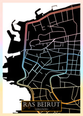 Ras Beirut Lebanon City Map. Downtown printable banner, travel destination Landmarks travel city landscape, map illustration print cities city travel, illustration painting destination, city banner