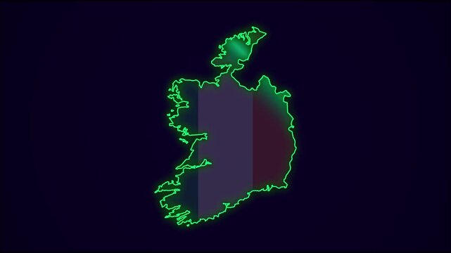Republic of Ireland Map Outline Country Border on black.  Neon Lights  colorful animation transition. Flag of Ireland. Animation in neon style. 4k . Animated Video