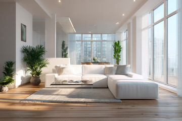 Fototapeta premium A spacious modern living room, minimalist design, floor-to-ceiling windows, natural light flooding in, sleek white sofa, glass coffee table, indoor plants, wooden floor, Scandinavian style