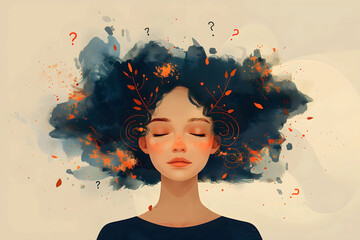 Overthinking, depression, anxiety – conceptual cartoon illustration symbolizing emotional overload, burnout, inner conflict and mental health struggle through a fragmented, modern human figure.
