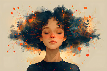 Overthinking, depression, anxiety – conceptual cartoon illustration symbolizing emotional overload, burnout, inner conflict and mental health struggle through a fragmented, modern human figure.
