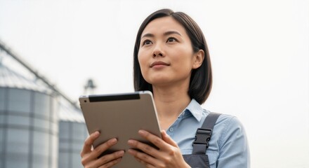 Asian woman farmer with a tablet inspecting grain silos. Smart farming and agritech in modern agriculture. Professional agronomist at work