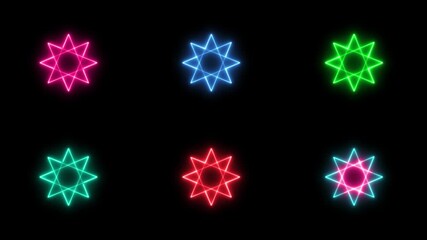 Animated neon glowing star shapes in multiple vibrant colors isolated on black, event, celebration, party, festival, or technology background - Powered by Adobe