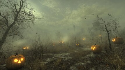 A creepy pumpkin patch with fog rising from the ground, and glowing pumpkins lighting up the surroundings in a soft, eerie glow.