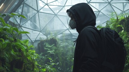 Person in the middle of an empty greenhouse, a symbol of deforestation and pollution generative ai