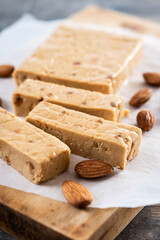 Christmas soft almond nougat on wooden table