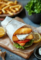 A crispy fish fillet sandwich with tartar sauce and a slice of lemon, wrapped in a fast food wrapper. Stock