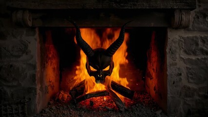 Igniting pale embers glowing beneath logs, carved horned skull revealing features in stone hearth - Powered by Adobe