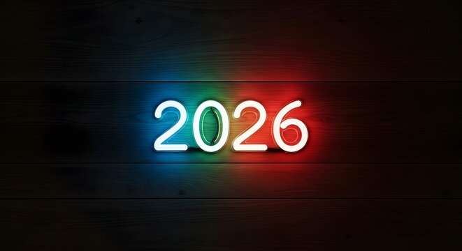 The year 2026 illuminated in colorful blue, green, and red neon lights against a dark background.