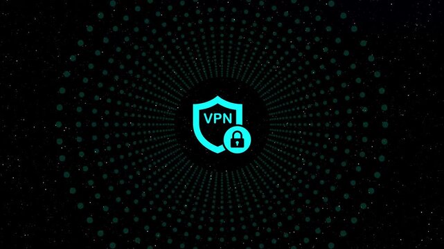Animated vpn logo with shield and padlock on black background with cyan dots virtual private network security connection concept cyber security technology