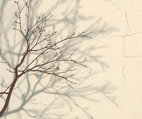 branches of a tree, Bush branches shadows on light beige plastered cracked concrete wall on spring day