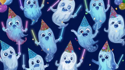 Looping ghosts wearing party hats and swinging glow sticks in navy backdrop, with falling confetti - Powered by Adobe