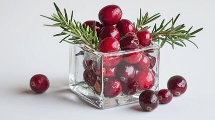 A crystal clear cube with whole cranberries and rosemary.