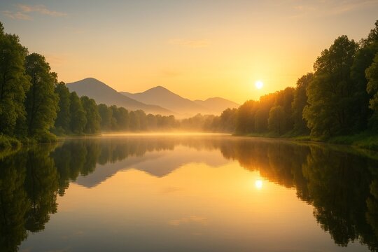 As the sun ascends, casting a golden glow upon the still water, reflecting the forest's silhouette, a picturesque vista unfolds.