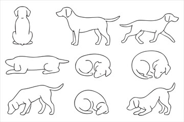 Minimalist Dog Line Art Vector, Cute Puppy Outline in Various Poses, Simple Pet Silhouette Collection