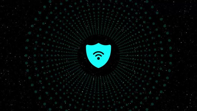 Animated vpn shield icon in cyan color with wifi symbol and glowing dots background, concept of virtual private network, internet security, seamless loop