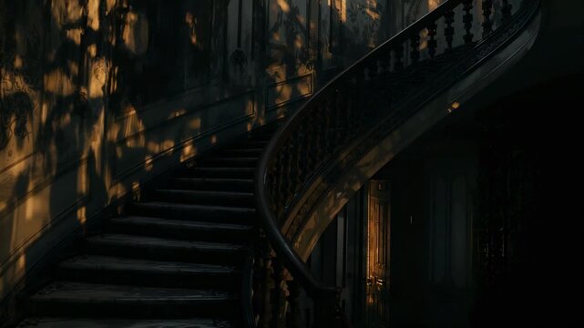 Camera panning foyer, revealing curved wooden staircase with ornate banister and half lit door