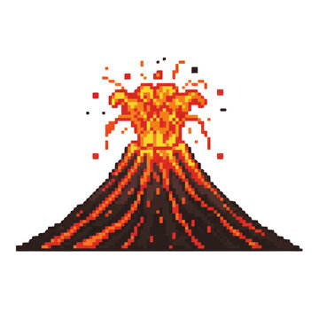 Pixelated volcanic eruption artwork with lava flowing, isolated against transparency for graphic