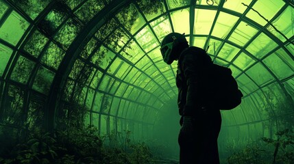 Person in the middle of an empty greenhouse, a symbol of deforestation and pollution generative ai