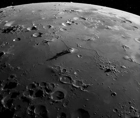 close up of moon , Gray surface of the moon with round craters viewed from outer space