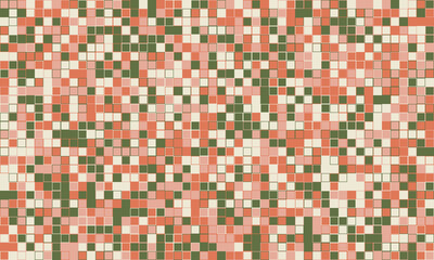 Abstract mosaic pattern with muted coral, green, and cream squares.  Ideal for website backgrounds, textile design, or modern art projects.  Evokes feelings of calm and subtle sophistication.