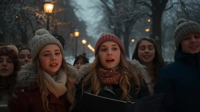Opening songbook front-row girls leading teen singers performing carol on path under lamppost glow