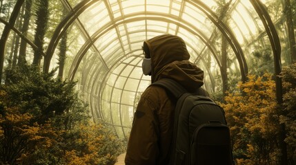 Person in the middle of an empty greenhouse, a symbol of deforestation and pollution generative ai