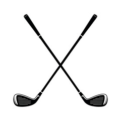 Classic crossed golf clubs illustration in black and white, symbolizing the popular sport, leisure activity, and professional equipment for players and enthusiasts of the game