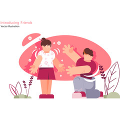 Two Diverse People Extending Arms in Friendly Greeting Against a Soft Pink Abstract Background with Botanical Accents and White Space Title Introduction Friends and Vector Illustration Text Overlay