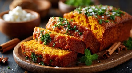 Delicious Sliced Pumpkin Bread Loaf with Herbs on Wooden Serving Board