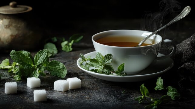 A cup of peppermint tea with fresh herbs and a spoonful of sugar cubes.