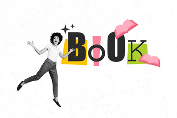 Exclusive pop full sketch art collage of happy student girl do homework open book education concept bookworm hobby reader