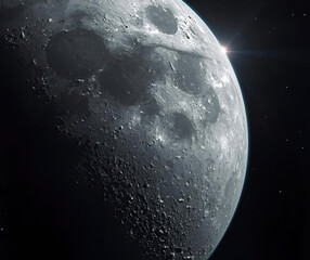 earth and moon, Gray surface of the moon with round craters viewed from outer space