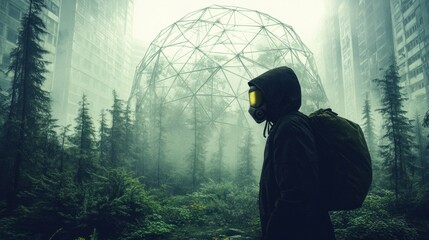 Person in the middle of an empty greenhouse, a symbol of deforestation and pollution generative ai