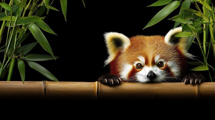 Obraz premium A curious red panda peeking out from behind bamboo