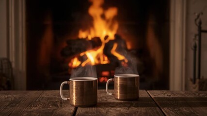 Sitting copper mugs steaming on table before stone hearth as flames intensify, shadows shifting - Powered by Adobe