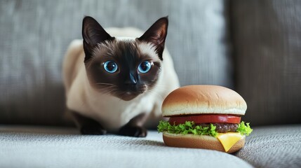 A curious Siamese cat tilting its head, staring at a perfectly assembled fast food burger on the sofa.