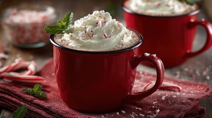 Christmas hot chocolate in red mug, whipped cream with peppermint, candy canes and mint leaves, on red cloth, copy space