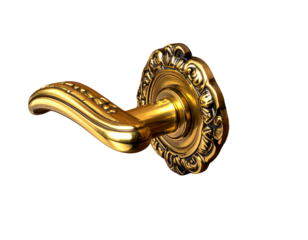  Elegant Polished Brass Door Handle with Ornate Keyhole Plate on Wooden Surface isolated on transparent background PNG 