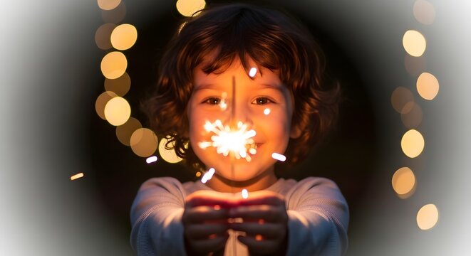 A child holds a sparkler in front of a bokeh background.
