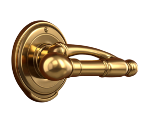 Elegant Polished Brass Door Handle with Ornate Keyhole Plate on Wooden Surface isolated on transparent background PNG