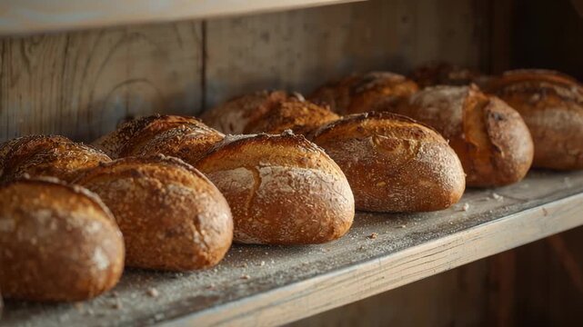 Oven timer signaling baker placing artisanal loaves dusted with flour on wooden shelf for cooling