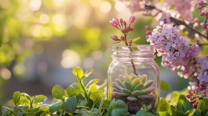A cute glass jar with a miniature succulent, framed by soft spring blossoms like cherry blossoms and lilacs.
